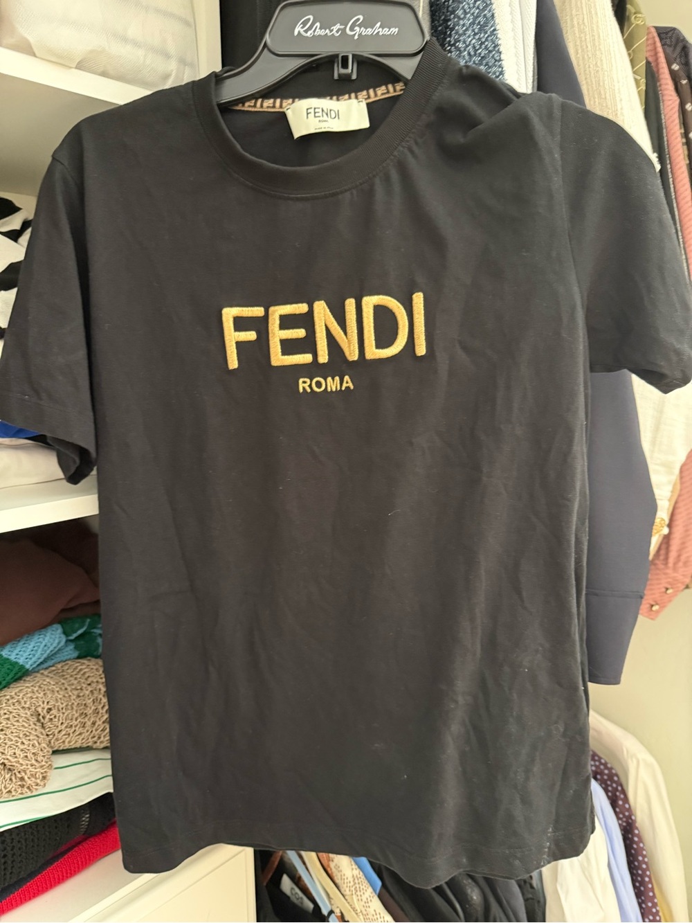Fendi Black T-Shirt with Gold 'FENDI ROMA' Embroidery Made in Italy